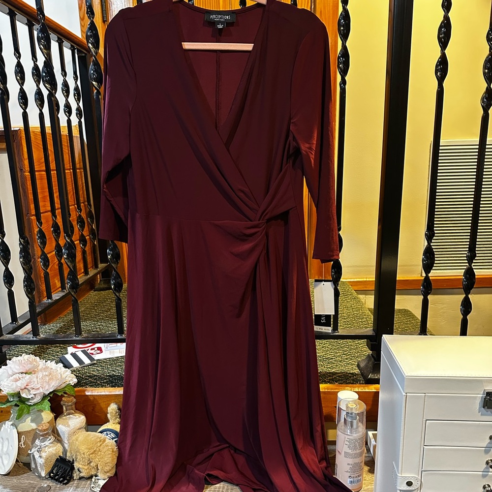 Perceptions Quarterly Sleeve Asymmetrical Wrap Dress - Maroon